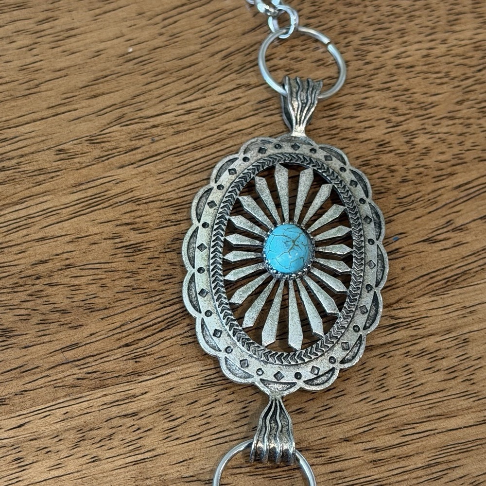 Southwestern Concho Style Belt Faux Turquoise Silver Tone Medallion Western 40" - Picture 4 of 6